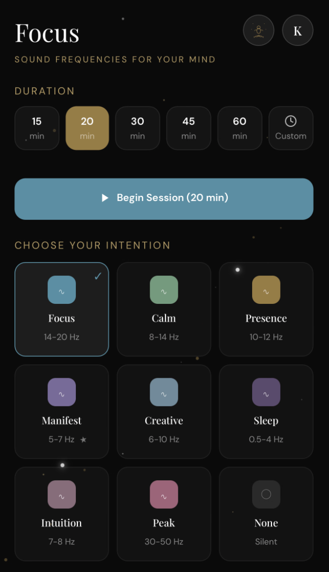 Radiant Mind Focus — Duration & Intention Selection