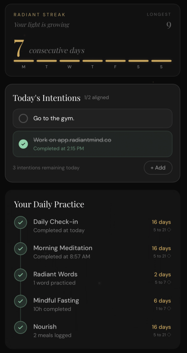 Radiant Mind Home — Streaks & Daily Practice